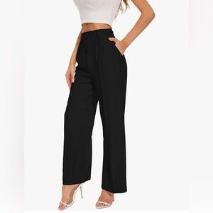 Decivi Women's High Waisted Elastic Back Wide Leg Pleated Work Pants, Black, Med